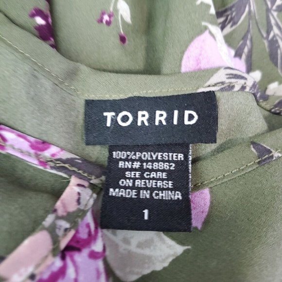 Torrid Top Plus Size 1X High Low Keyhole Floral Short Sleeve Pullover Green - Picture 5 of 6